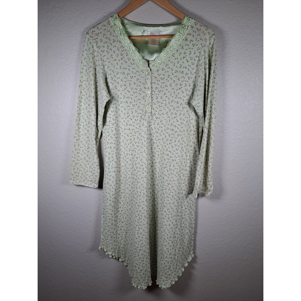 Secret Treasures Acorn Green Floral Pointelle Lace Trim Nightgown Sleep Shirt S